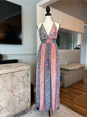 Bohemian Smocked Floral halter backless Maxi Dress 100% silk Pink Teal size smal